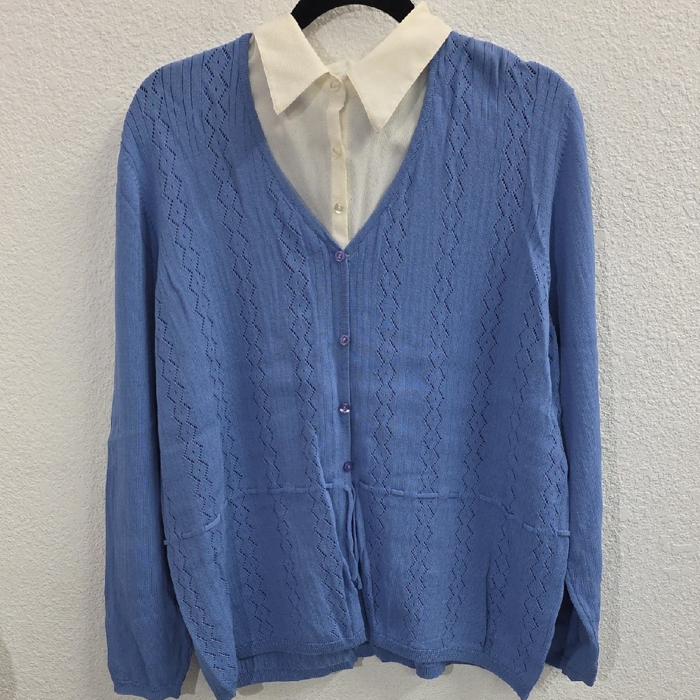 Blue Periwinkle  Pointelle Knit Faux Layered Cardigan Blouse Top